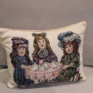 Vintage Dakota Home Victorian Dolls Tea Party Tapestry Throw Pillow